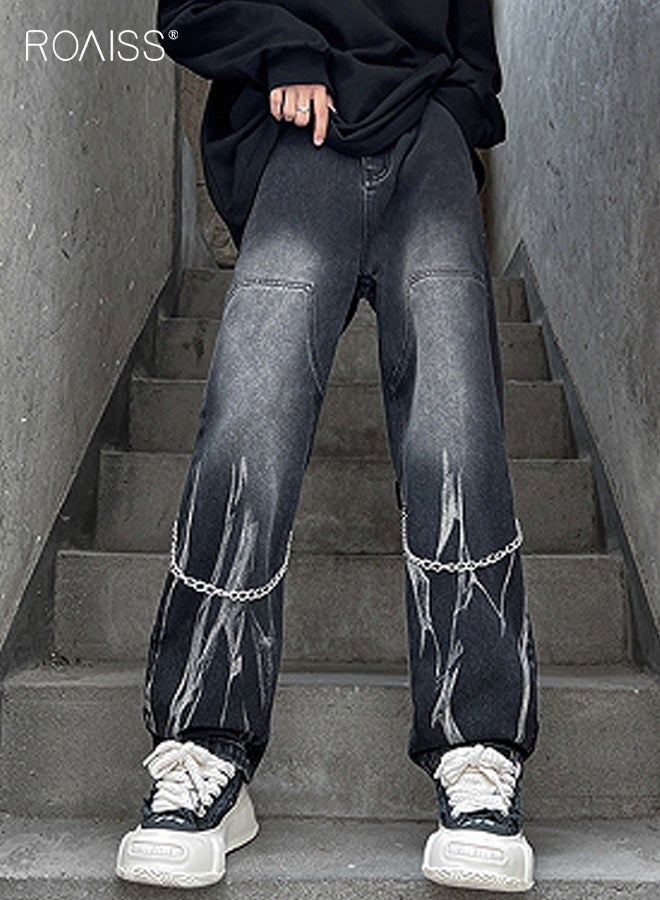 رويس بنطلون جينز رجالي بساق مستقيمة وجيوب، بنطلون جينز مصبوغ برباط مع زخرفة سلسلة، بنطلون مريح ومناسب للبشرة للرجال، مناسب للارتداء اليومي أو أي أنشطة خارجية - Image 1